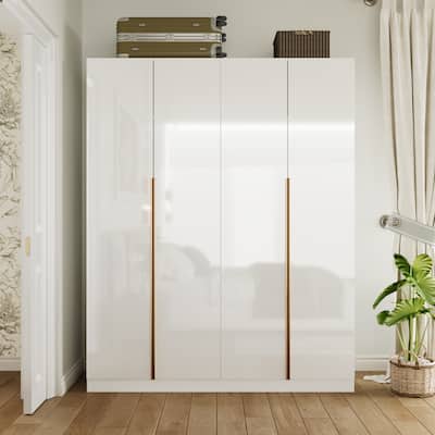 High Gloss Wardrobe with Shelves and Hanging Rods White 3 Door Closet Organizer