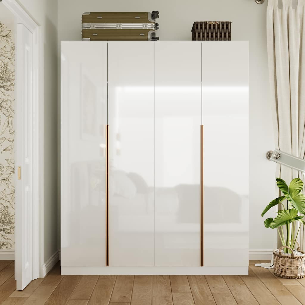 High Gloss Wardrobe with Shelves and Hanging Rods White 3 Door Closet Organizer