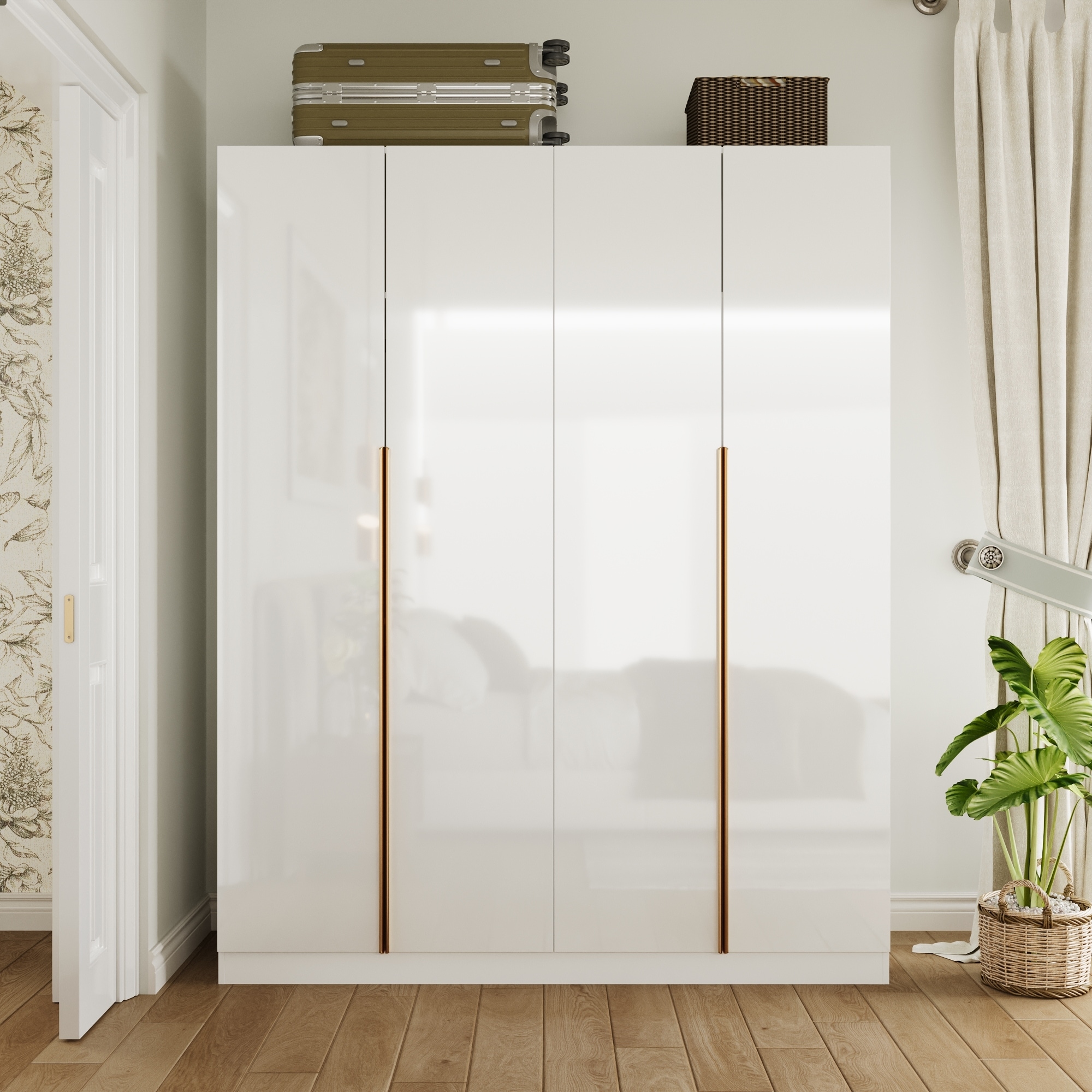 High Gloss Wardrobe with Shelves and Hanging Rods White 3 Door Closet Organizer