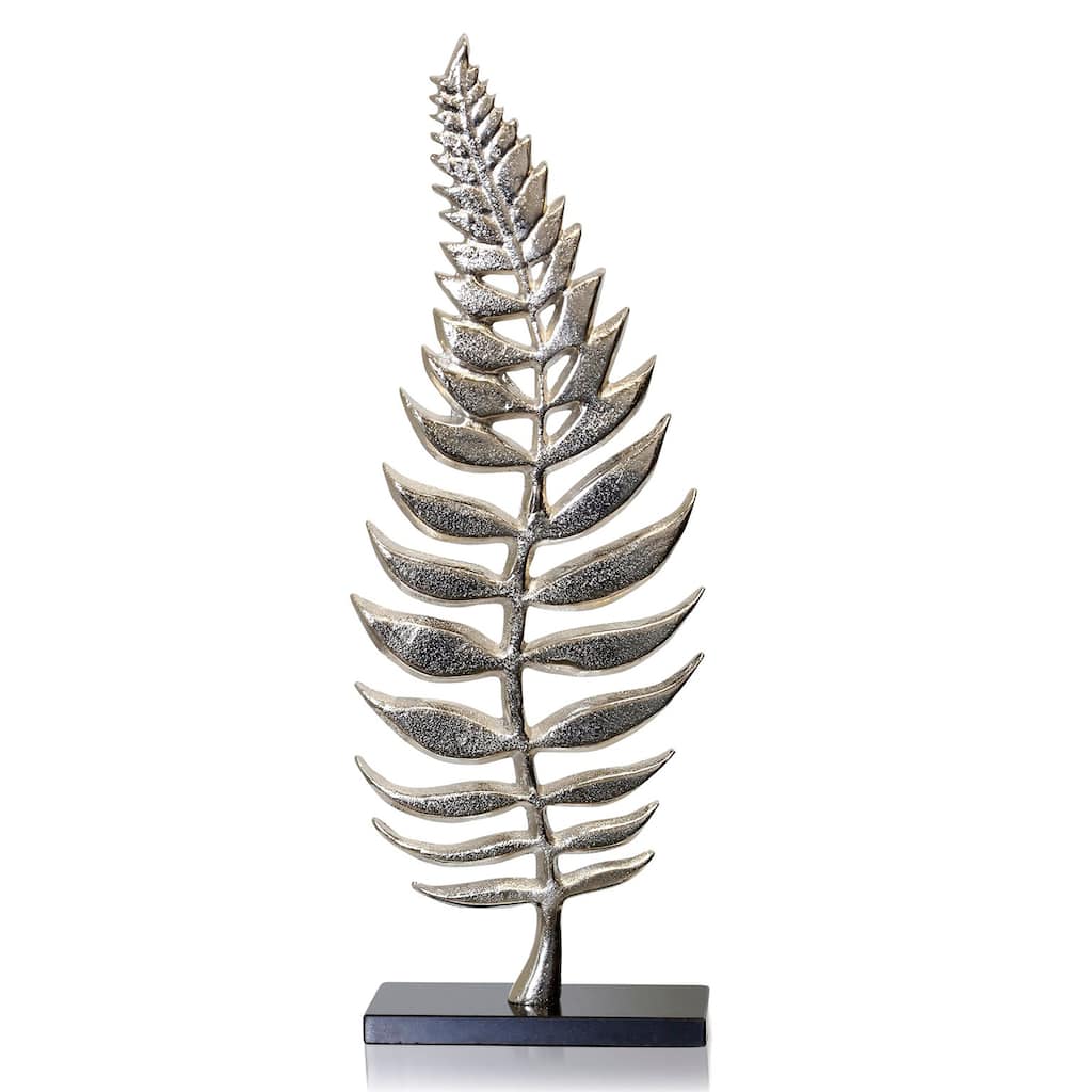 Silver Large Standing Metal Leaf in A Dark Bronze Finish on Top of A Black Marble Base - 2"D x 7.5"W x 20.5"H