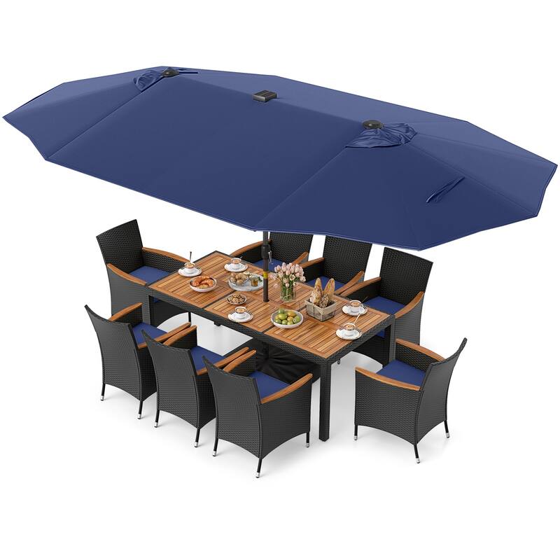 Gymax 11 PCS Patio Dining Set w/ 15ft Double-Sided Patio Umbrella