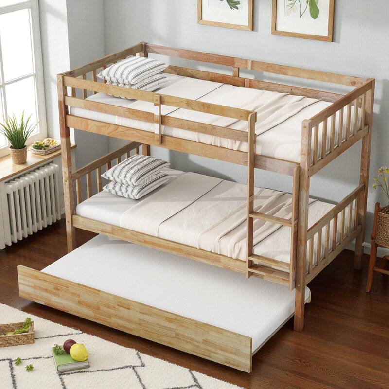 Twin Over Twin Rubber Wood Bunk Bed with Trundle, Convertible into Twin Beds, Ladder and Safety Guardrails - White Oak - Twin