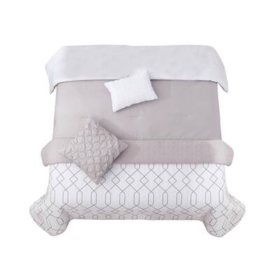 8 Piece King Size Fabric Comforter Set with Geometric Prints,White and Gray