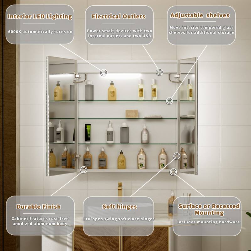 Modland 30"-60"W x 32"H Bathroom LED Medicine Cabinet with Mirror and Shelves, Defog and Stepless Dimming