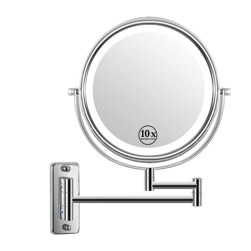 8 in. Small Round 10X Magnifying 3-Color-LED Touch Screen Bathroom Makeup Mirror with Built-in Battery and Type-C Port - Chrome