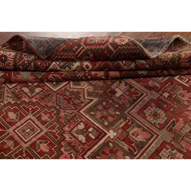 Red Geometric Heriz Persian Vintage Rug Handmade Oriental Wool Carpet - 9'10"x 13'3"