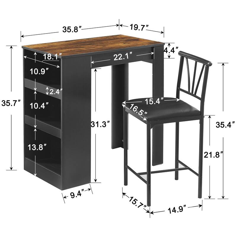 VECELO Counter Height Dining Set 35.7" Pub Table with 3-Tier Shelves PU Leather Chairs for Kitchen Breakfast Nook