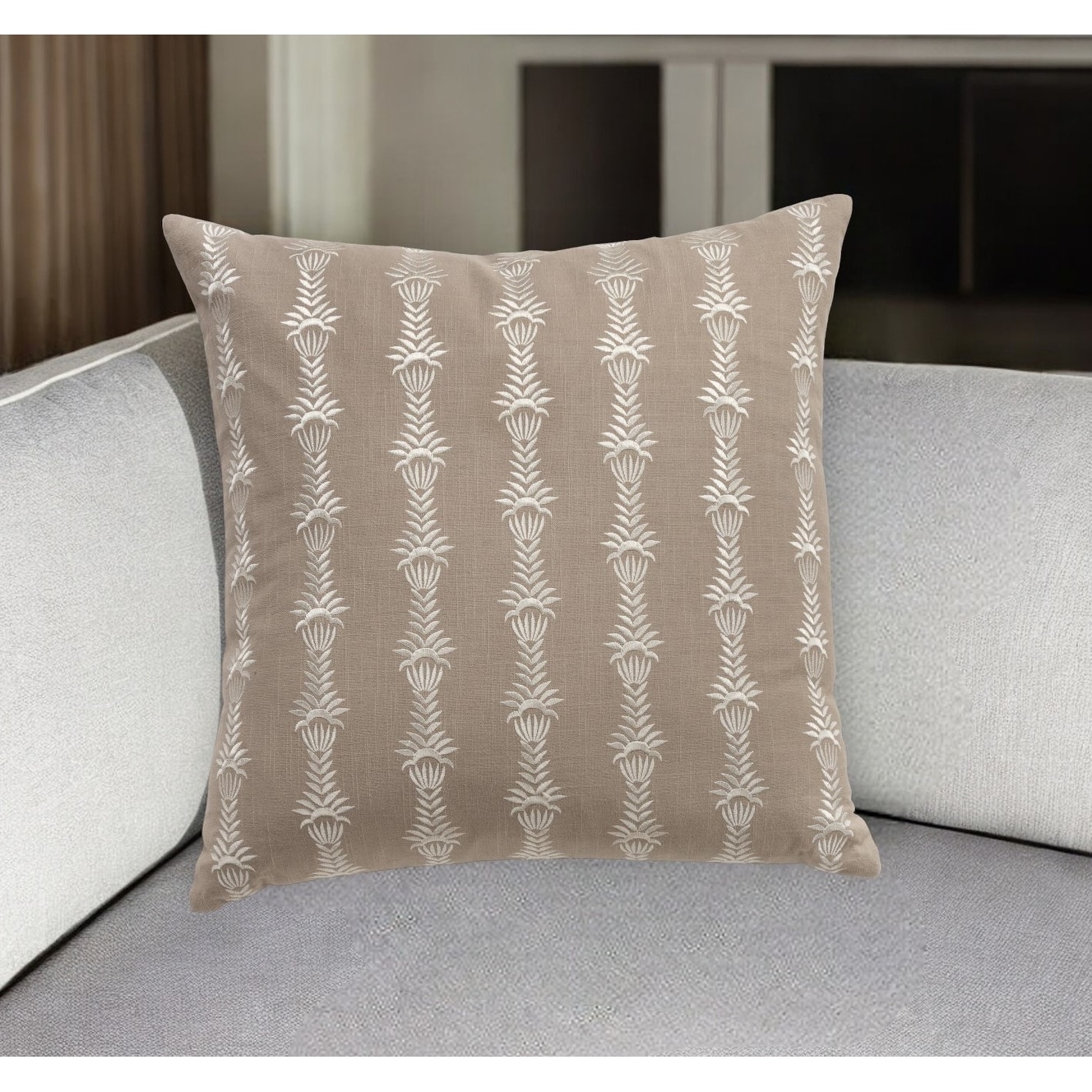 HomeRoots 20" Taupe and White Botanical Stripe Cotton Throw Pillow With Embroidery