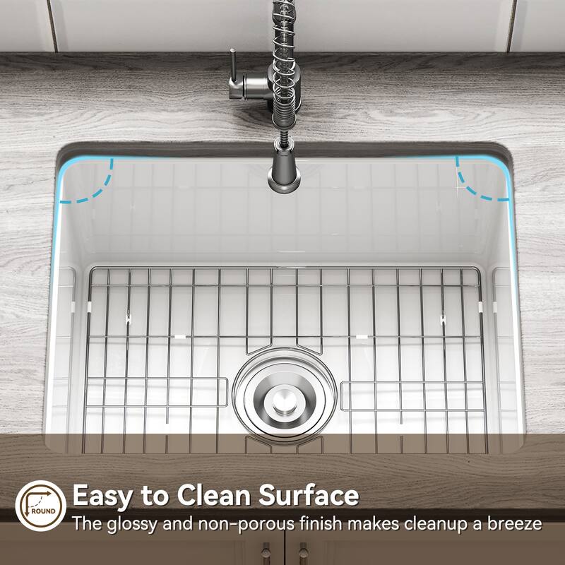 HOROW CozyStream 24 in. Undermount/Drop-In Single Bowl White Fireclay Kitchen Sink with Bottom Grid and Strainer