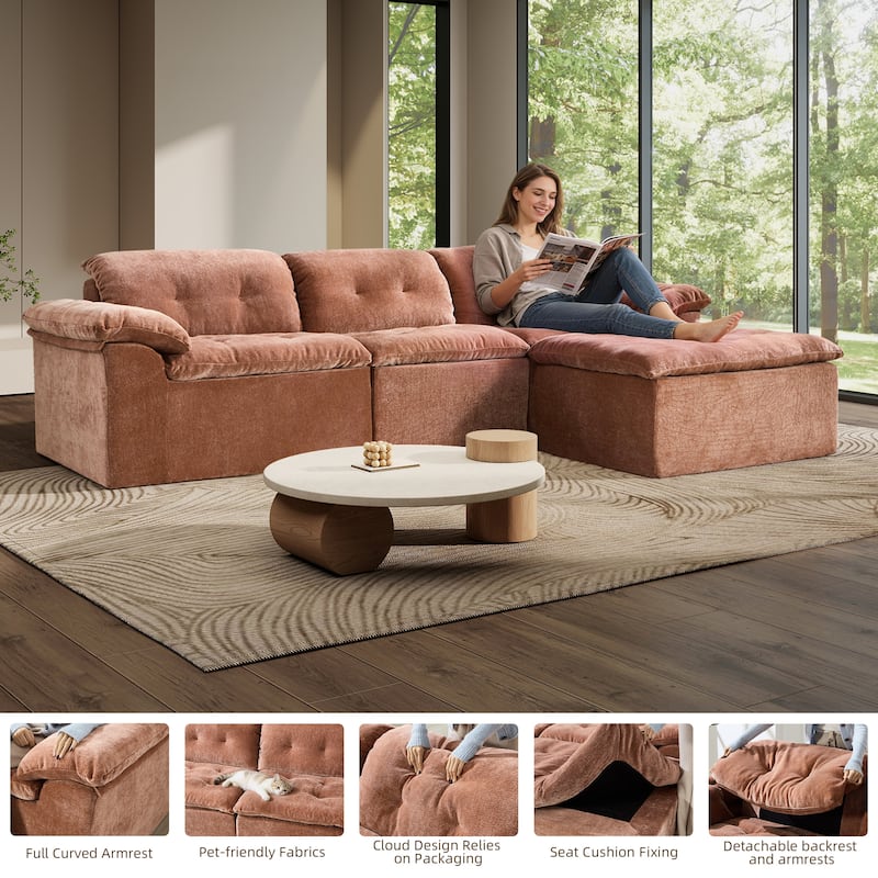 Rossetta L-Shaped Modular Chenille Cushioned Extreme Comfort Sofa with Detachable Backrest and Armrests, 1 Removable Ottoman