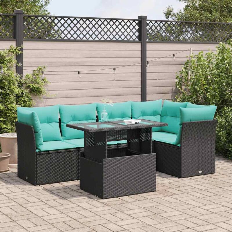 vidaXL 6 Piece Patio Sofa Set with Cushions Black/Brown/Gray Poly Rattan - Black with storage