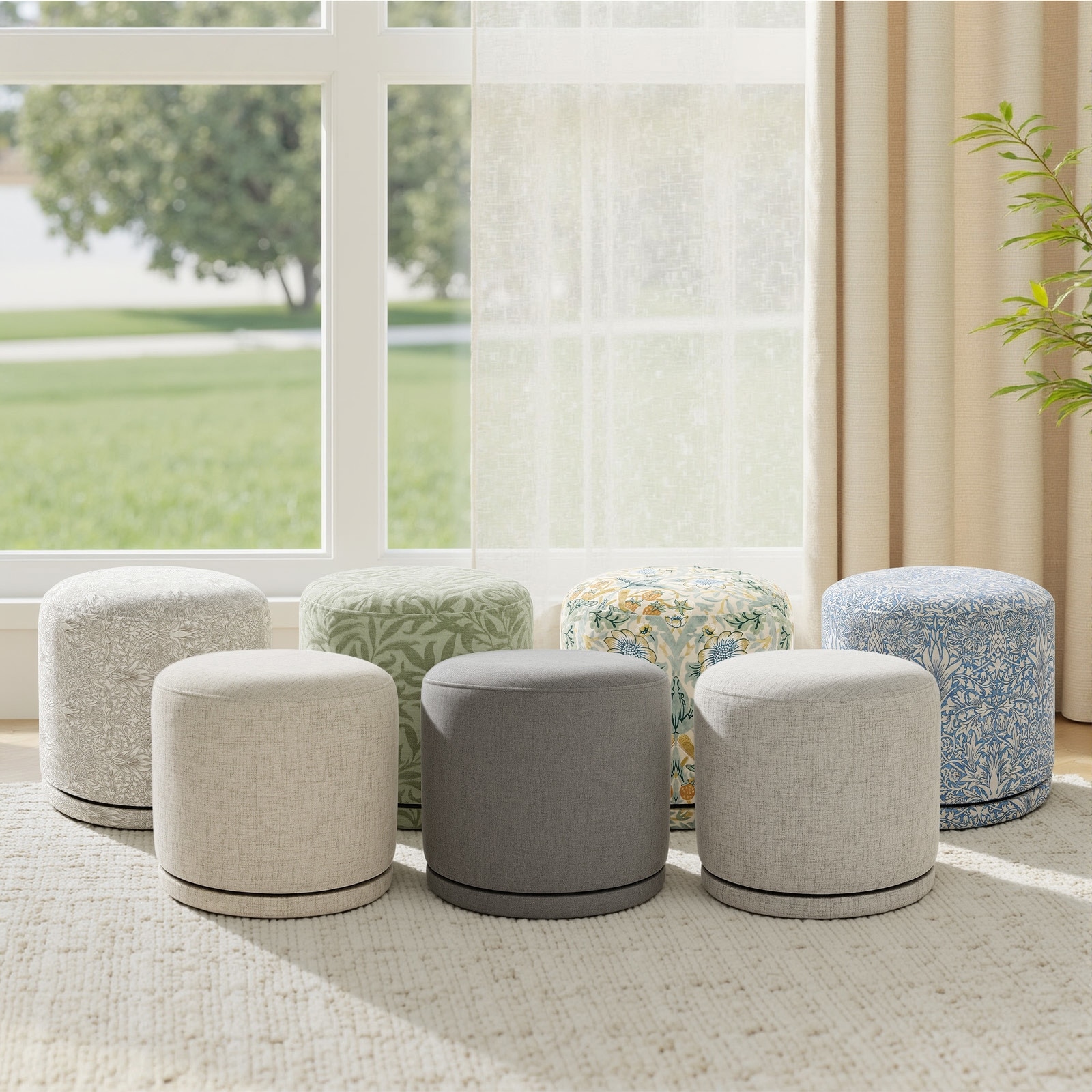 Linen Round Swivel Ottoman Footstool, Fully Assembled with Acacia Hardwood Frame