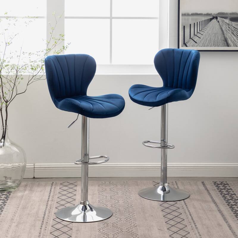 Set of 2 Adjustable Swivel Barstools with Upholstered Bucket Seats and Chrome Footrest.