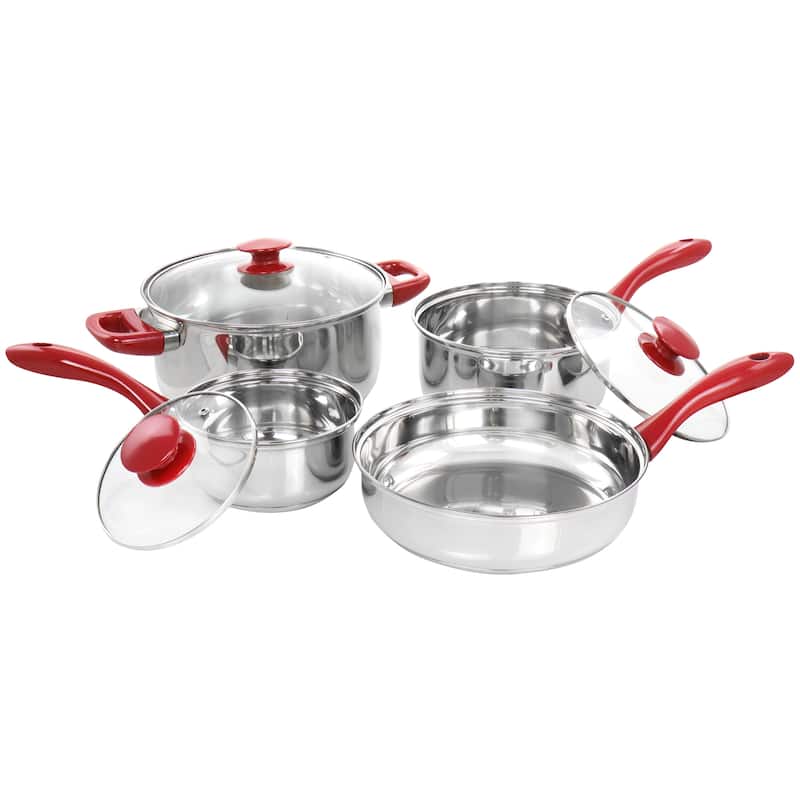 Jackson 7 Piece Silver Stainless Steel Cookware Set with Red Stay-Cool Handles