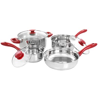 Jackson 7 Piece Silver Stainless Steel Cookware Set with Red Stay-Cool Handles