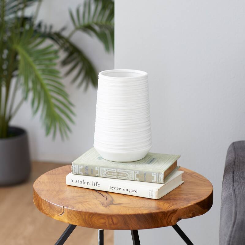 CosmoLiving by Cosmopolitan White Porcelain Ceramic Ribbed Decorative Vase