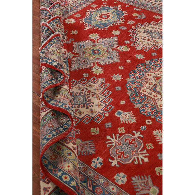 Hand Knotted Oriental 100% Wool Carpet Traditional Geometric Red Kazak Area Rug - 12' 9'' X 9' 11''