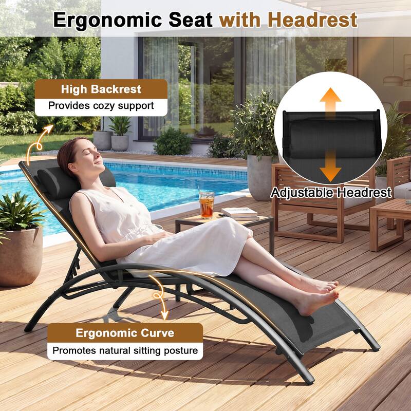 Gymax Patio Chaise Lounges Set of 2 w/5-Position Backrest & Breathable