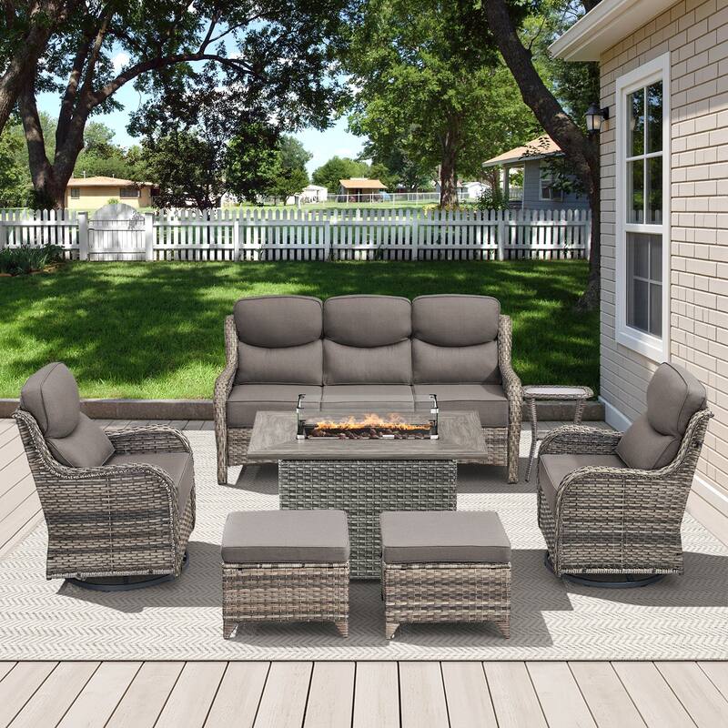 Meyreso 7-Piece Wicker Outdoor Patio Fire Pit Conversation Set with 6-Inch Thick Cushions - 7-Piece - Gray/Gray