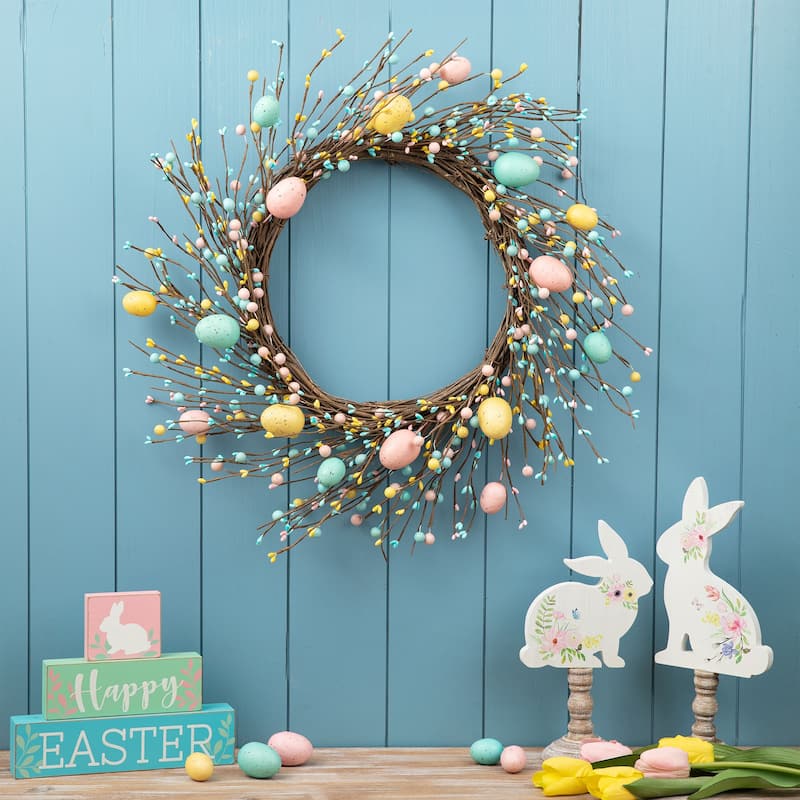 Glitzhome 22"D Artificial Easter Spring Eggs Berries Wreath for Front Door Wall Decor