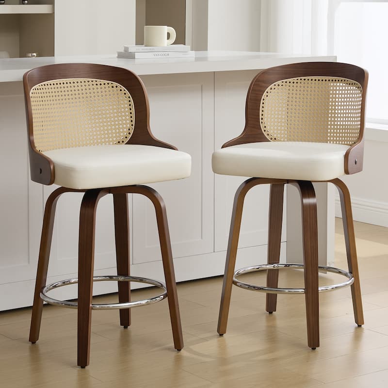 26" Upholstered Swivel Counter & Bar Stool with Rattan Back - 37.4"H x 19.09"W x 19.88"D - Set of 2 - White