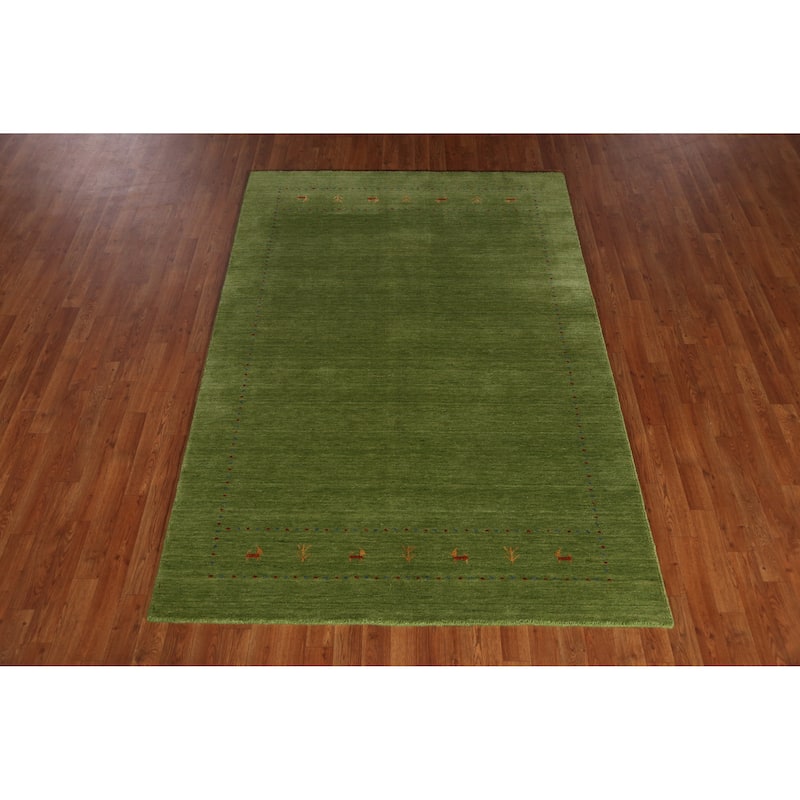Green Gabbeh Indian Area Rug Hand-Knotted Tribal Wool Carpet - 5'2" x 7'6"