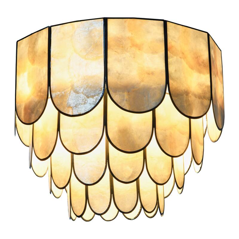 Capiz and Metal Flush Mount Ceiling Light - 14.0"L x 14.0"W x 12.0"H