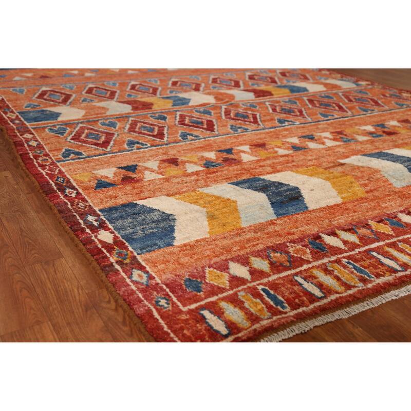 Orange Tribal Geometric Moroccan Rug Hand-Knotted Wool Carpet - 6'7" x 9'6" - 6'7" x 9'6" - Orange