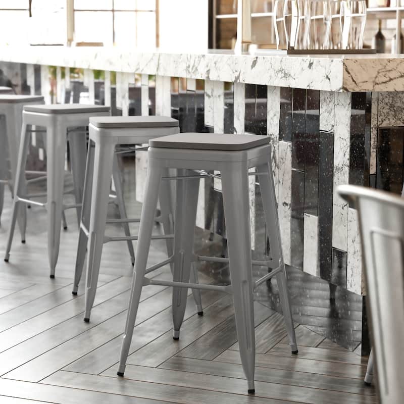 All-Weather Backless Commercial Bar Stool with Poly Resin Seat - Silver/Gray - Bar Height - 29-32 in.