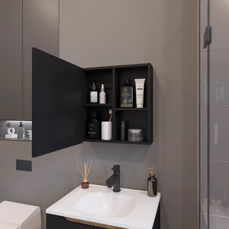Wall-Mounted Medicine Cabinet with Mirror, Three Internal Shelves, and Black Finish for Bathroom or Bedroom