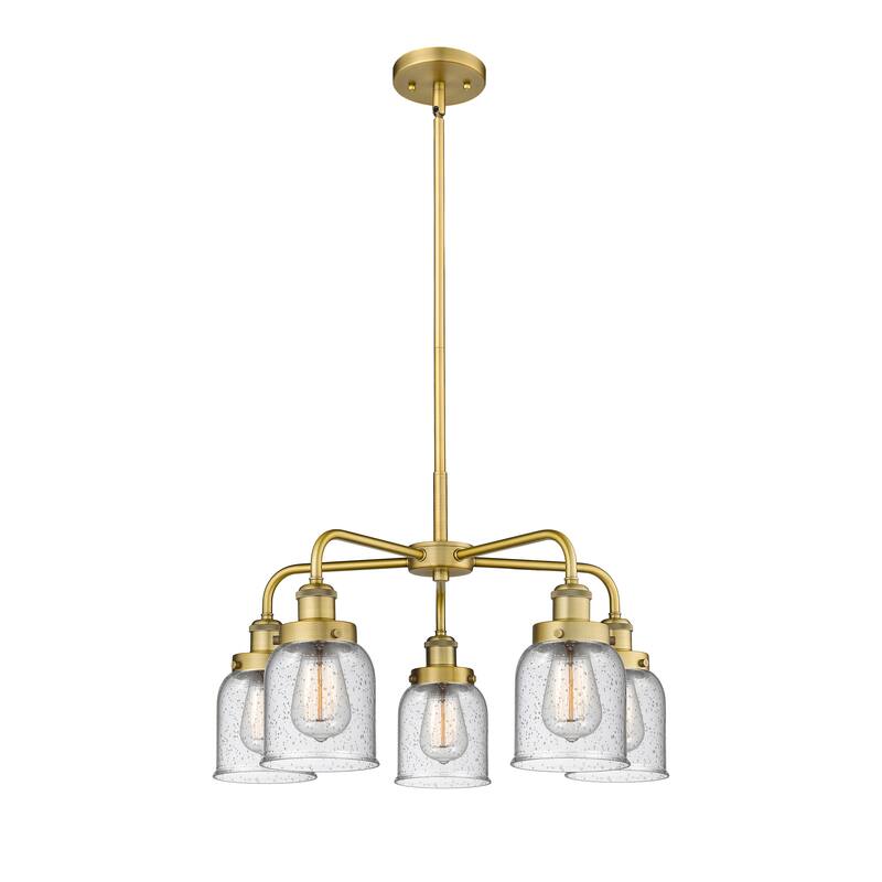 Innovations Lighting Bell - 5 Light 23" Stem Hung Chandelier - Brushed Brass/Seedy