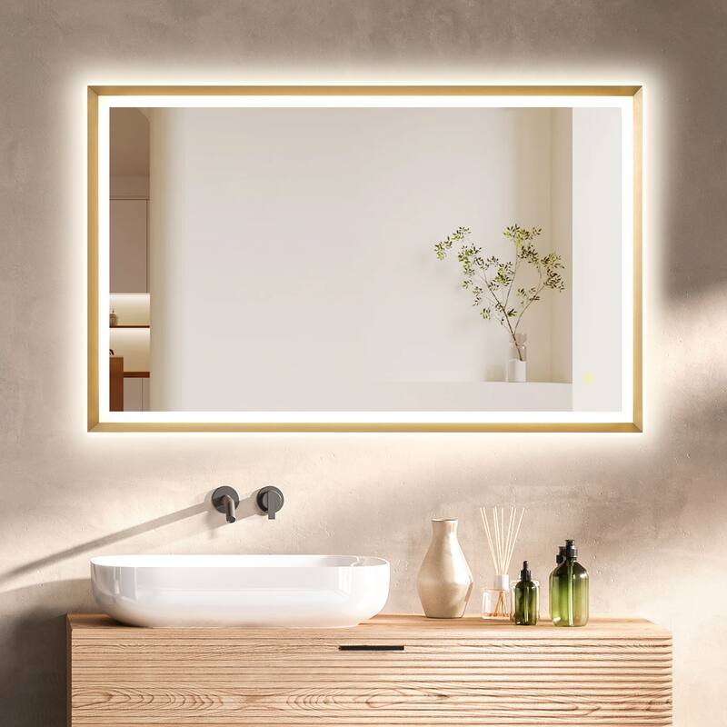 Apollo Rectangular Anti-Fog Dimmable Modern Bathroom/Vanity LED Lighted Wall Mirror in Brushed Gold Aluminum Framed