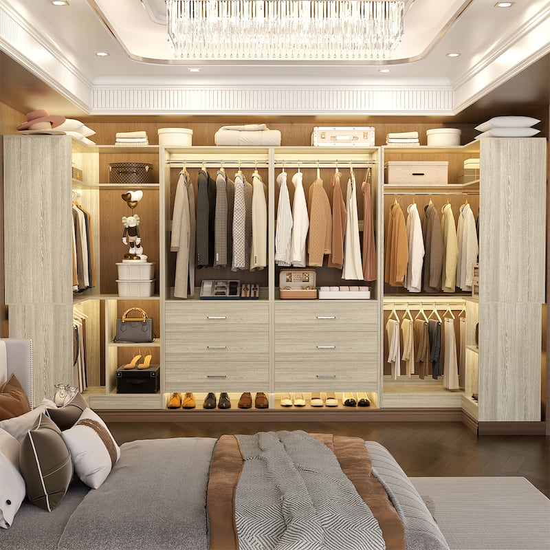 Cimly Set of 4 Closet Organizer with Drawers, U Shaped Freestanding Closet System - Washed Oak