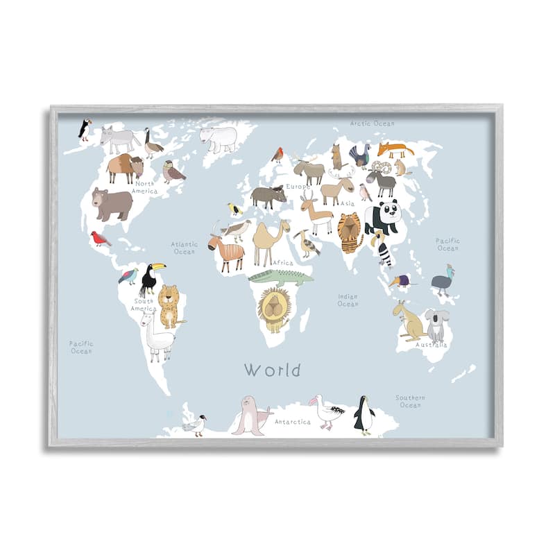 Stupell Children's Animal World Map Playful Illustration Light Blue Framed Wall Art - 16 x 20 - Grey