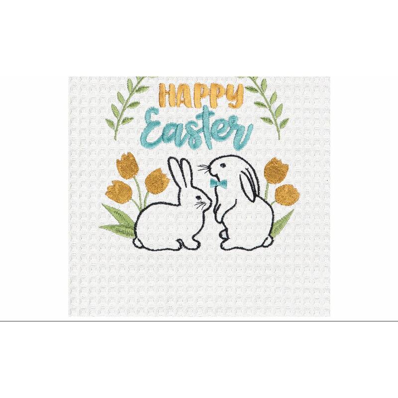 Happy Easter Bunnies Embroidered Cotton Waffle Weave Kitchen Towel