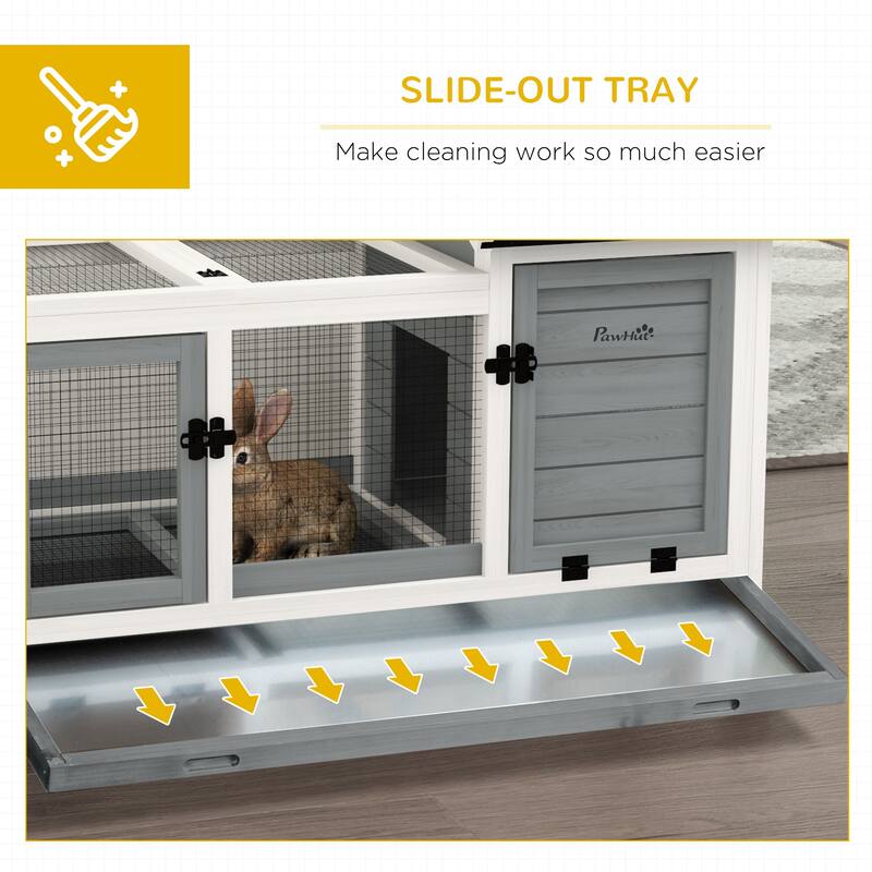 PawHut Indoor Outdoor Wooden Rabbit Hutch with Wheels, Large Bunny Hutch with Run & Slide-Out Tray for Small Animals