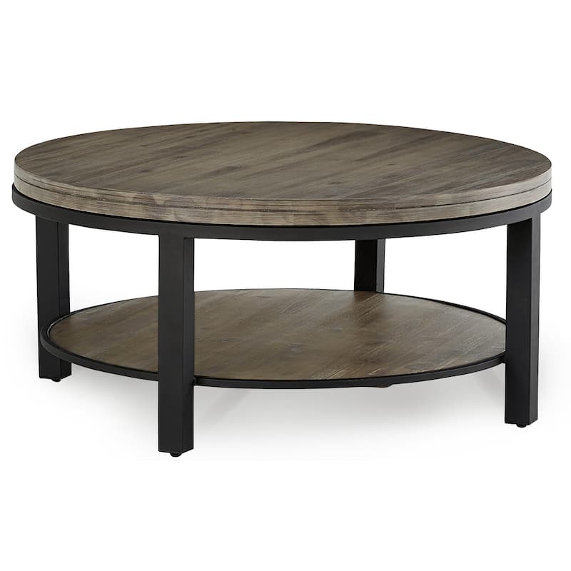 Canyon Solid Wood and Metal Round Coffee Table in Washed Grey - 19" x 40" x 40"