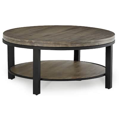 Canyon Solid Wood and Metal Round Coffee Table in Washed Grey - 19" x 40" x 40"