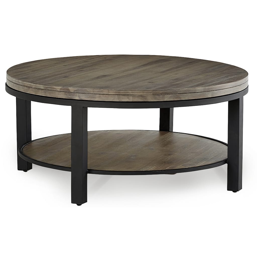 Canyon Solid Wood and Metal Round Coffee Table in Washed Grey - 19" x 40" x 40"