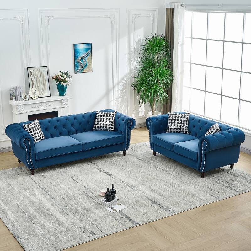 Roomfitters 85" + 65" Classic Chesterfield Upholstered Sofa and Loveseat Set, Scrolled Arm Couch with Button Back Design