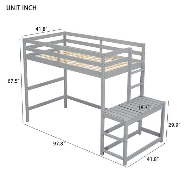 Gray Twin Pine High Loft Bed with Landing Platform