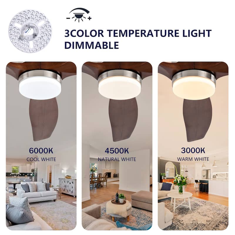 Hot sales 52 Inch Modern Ceiling Fan ,3 Color Dimmable 5 Solide Wood Blades Remote Control Reversible DC Motor With Led Light