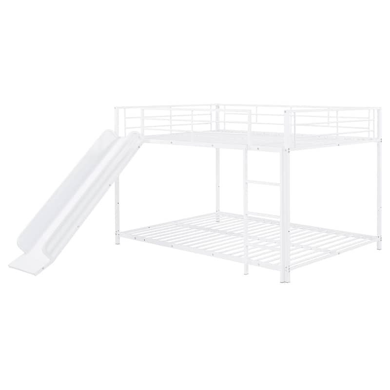 White Full over Full Size Metal Bunk Bed with Slide and Guardrails for Kids, Boys and Girls, Bedroom