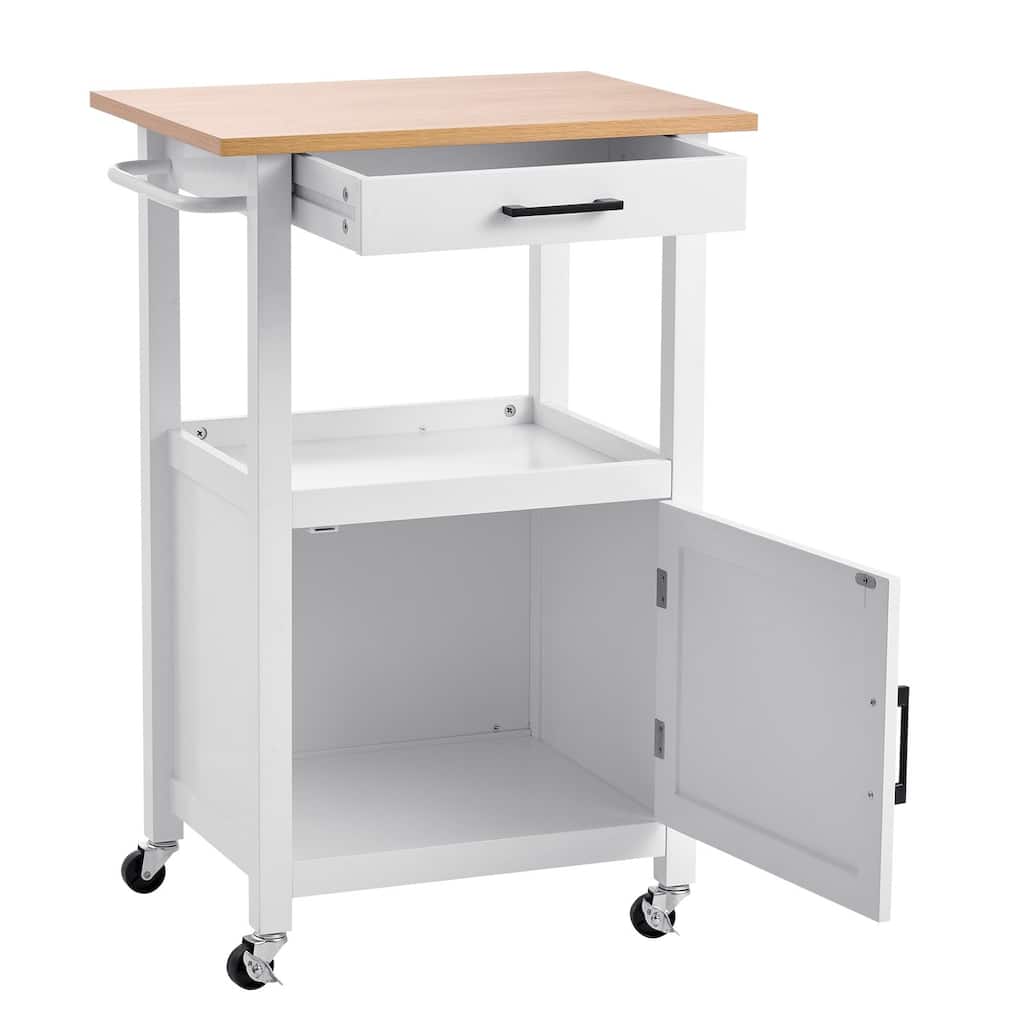 White Rolling Kitchen Island with Storage Drawers and Cabinet Towel Rack and Locking Wheels - 21.65"L x 17.71"W x 35.82"H