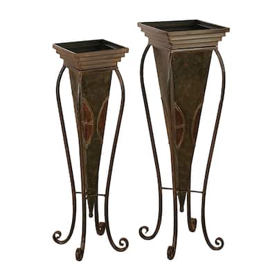 Metal Planter with Scroll Stand - Set of 2 Brown - Roche River Decor - 10"W x 10"L x 30"H