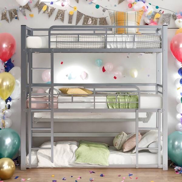 slide 2 of 10, Twin Size Triple Bunk Bed with Strong Construction and Metal Slats For Bedroom Silver