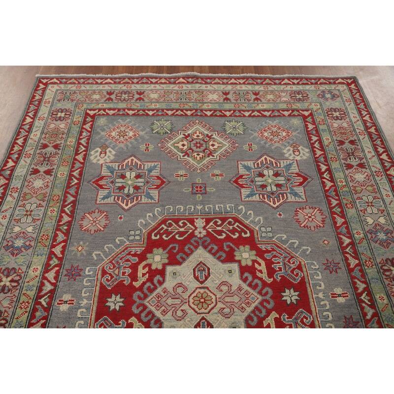Gray Geometric Kazak Oriental Area Rug Handmade Wool Carpet - 5'7" x 7'11"