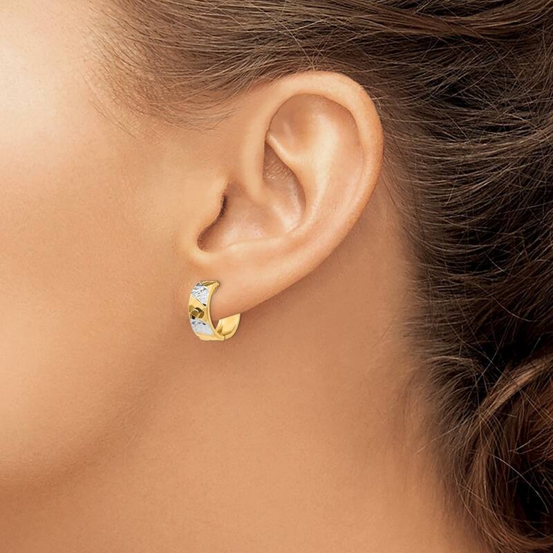 Curata 14k Yellow Gold Hinged Polished 13x5mm Sparkle Cut Rhodium Hoop Earrings