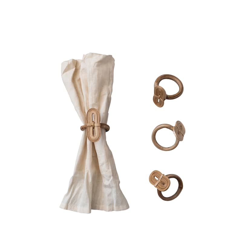 Woven Bamboo Napkin Rings in Linen Drawstring Bag - 2.3"L x 2.3"W x 2.5"H