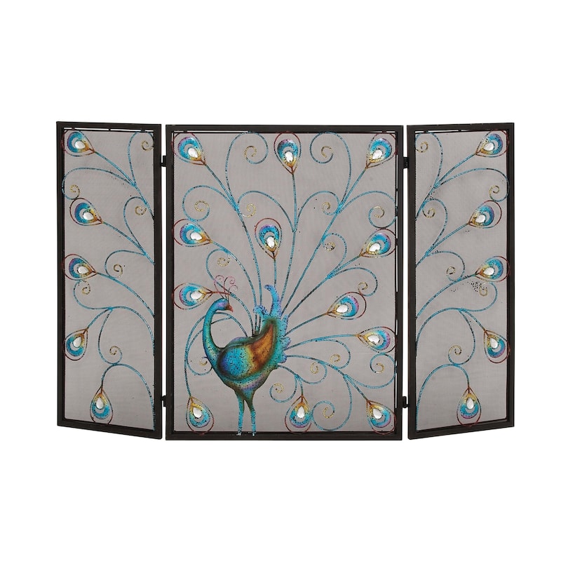 Metal Peacock Rainbow 3 Panel Fireplace Screen with Crystal Accents and Black Frame - Blue - Roche River Decor - 1"Wx48"Lx32"H